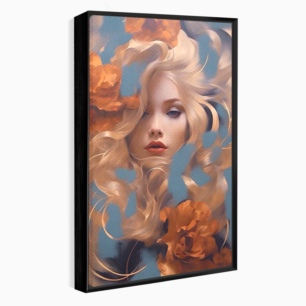 Tablou canvas cu portret de femeie cu flori portocalii, in rama de aluminiu negru